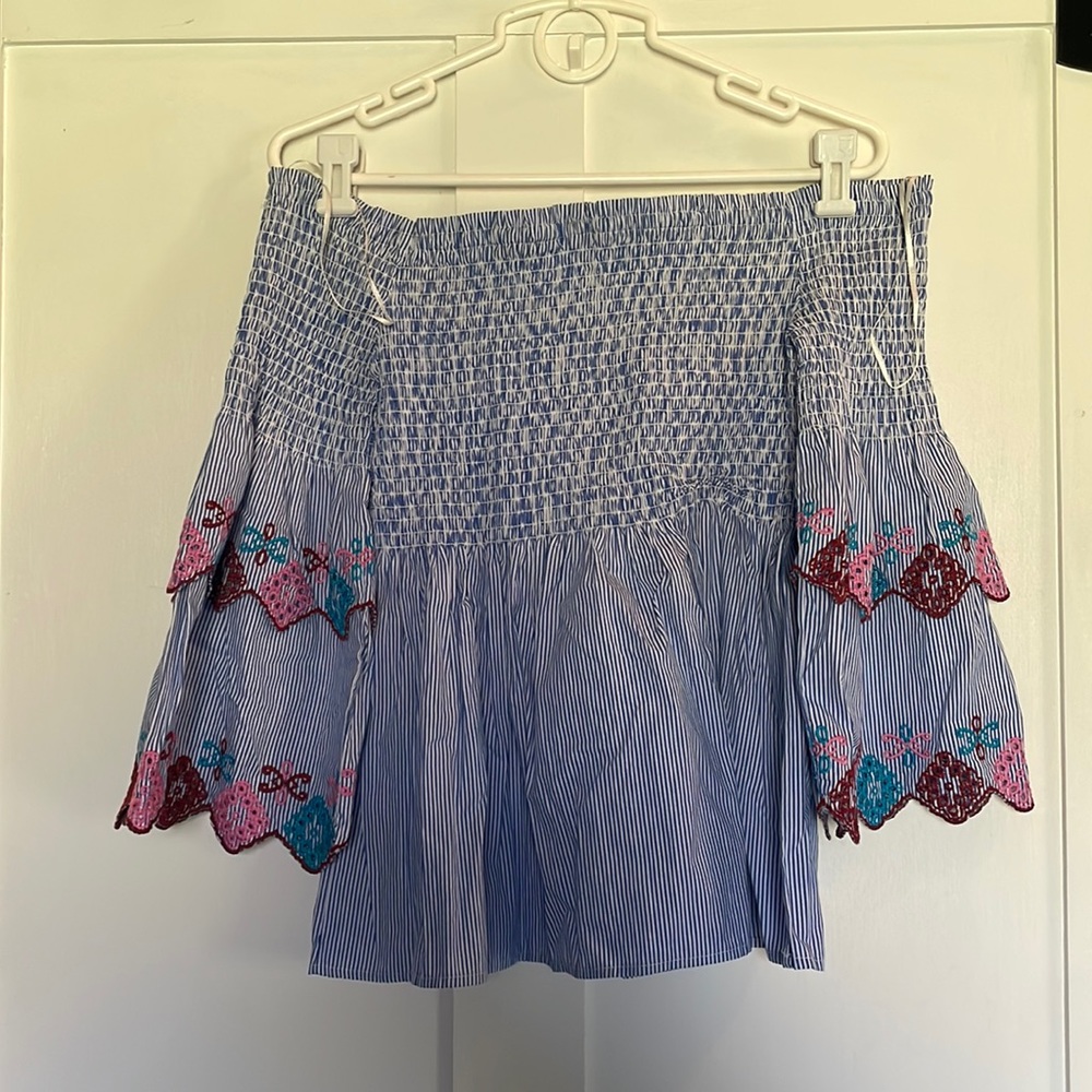 Off-shoulder smocked top, with embroidery, size large